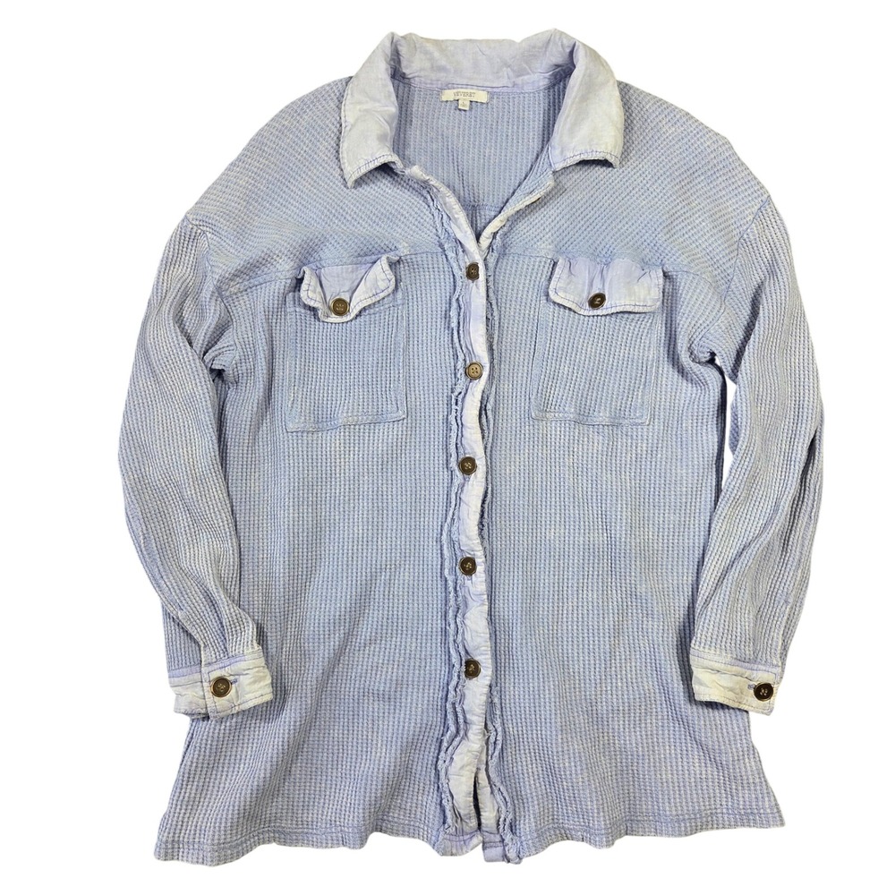 VEVERET Light Blue Waffle Knit Long Sleeve‎ Button Up Shirt Womens Size L Boho